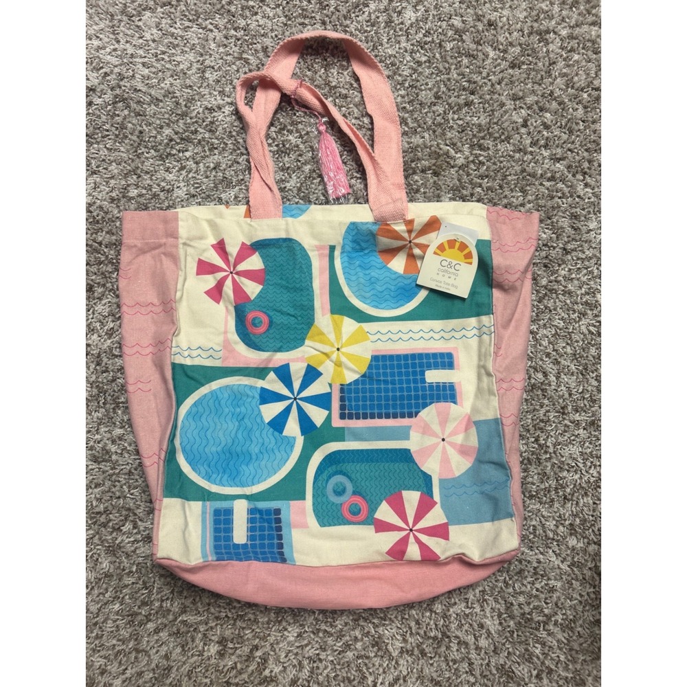 C&C California Home Canvas Tote Bag Swimming Pool Beach Umbrella Print Pink